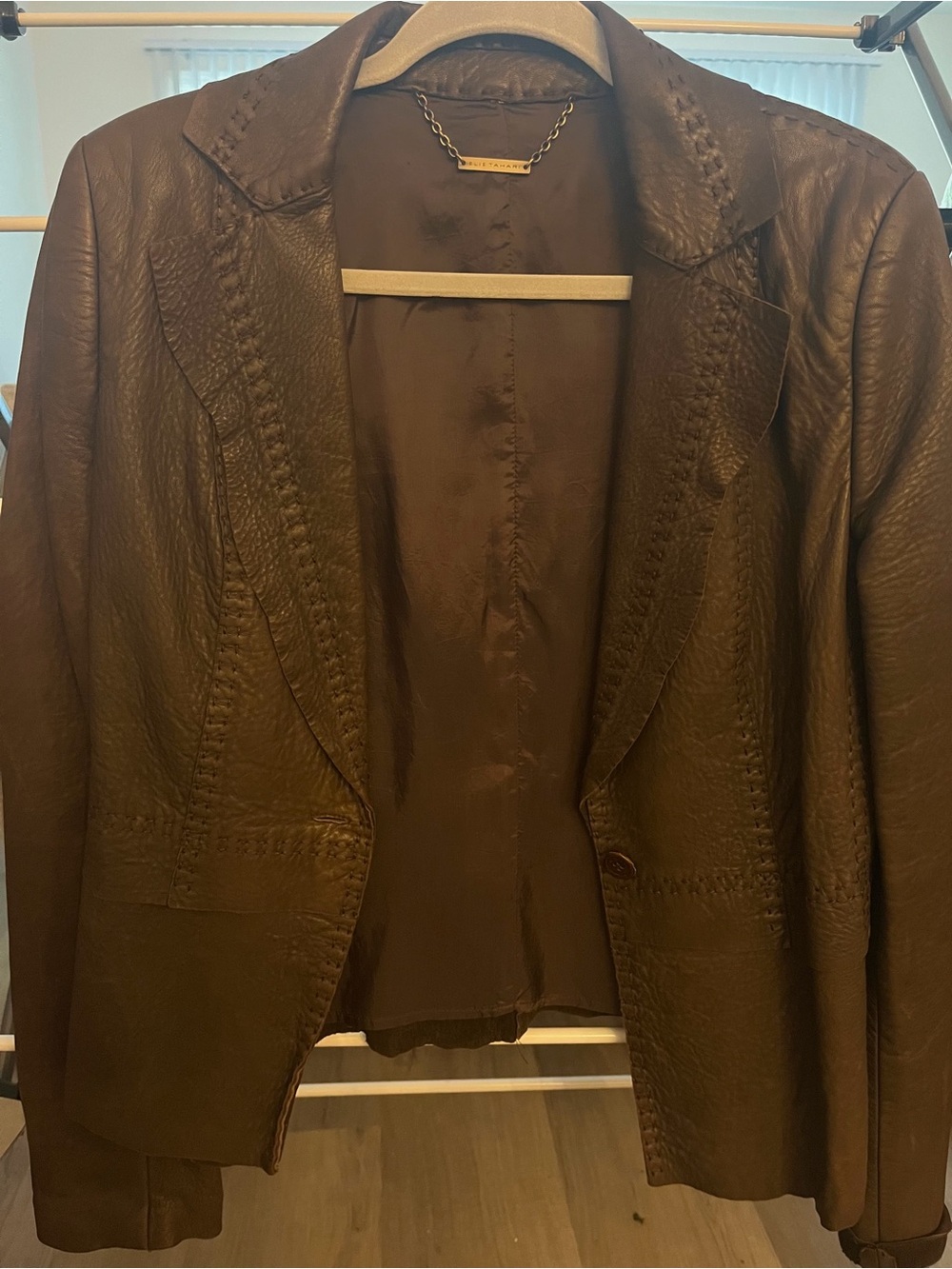 2000s Elie Tahari Brown Genuine Leather Whipstitch Blazer Jacket Women